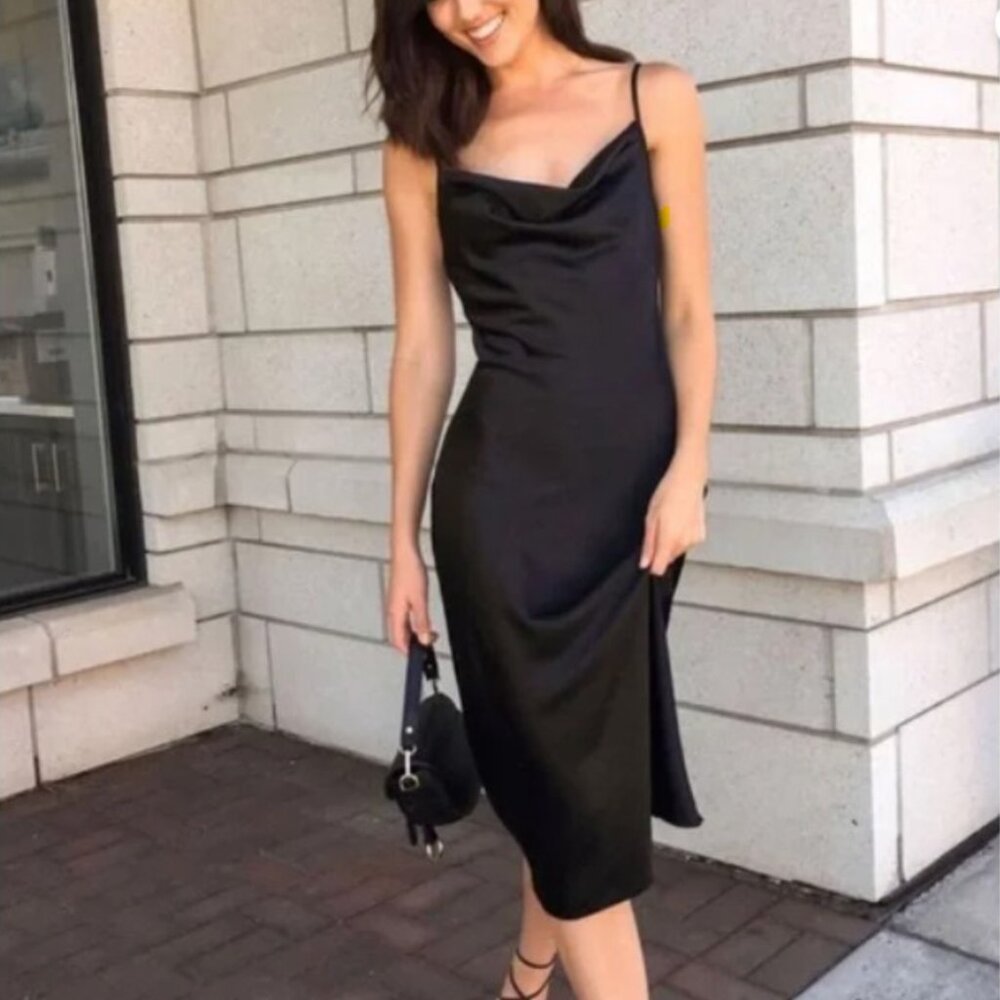 Bebe Black Satin Cowl Neck Bias Cut Midi Dress XL Minimalist Whimsigoth Cocktail